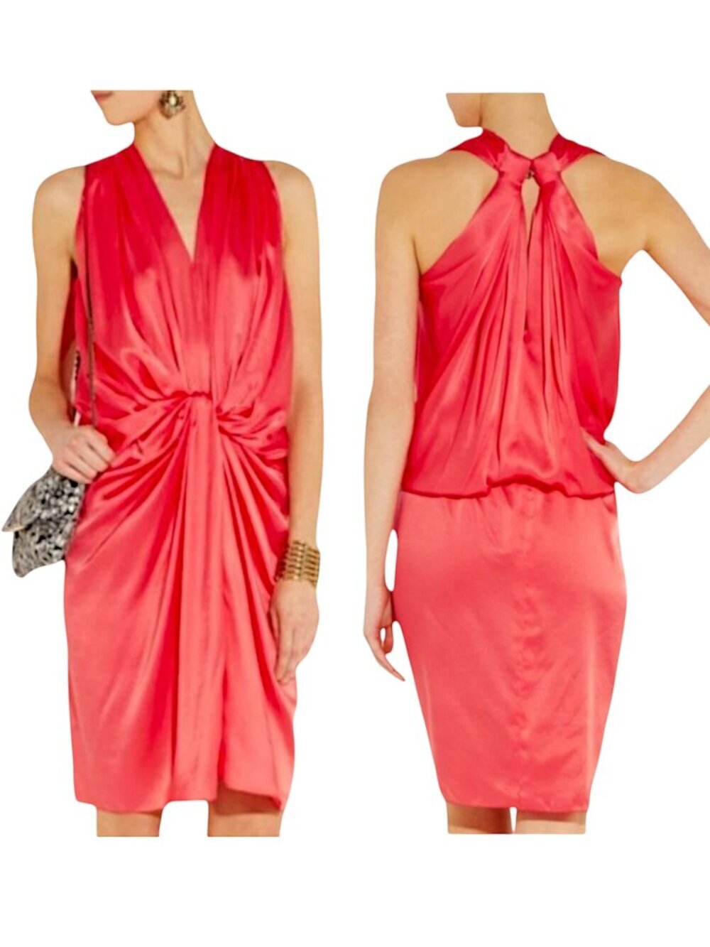 Lanvin Pink Geranium Knotted Draped Fluid Silk Satin Blouson Dress New NWOT 34